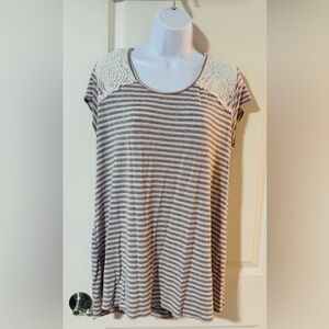 Pinkblush Gray and Pink Striped Maternity Top with Lace Shoulders